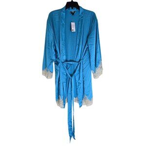 I.N.C. Womens Cyan Blue Lace Trim Long Robe With Tie Belt Medium